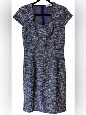 Grace Karin Blue Tweed Dress Metallic Silver Thread Sheath Dress Size M